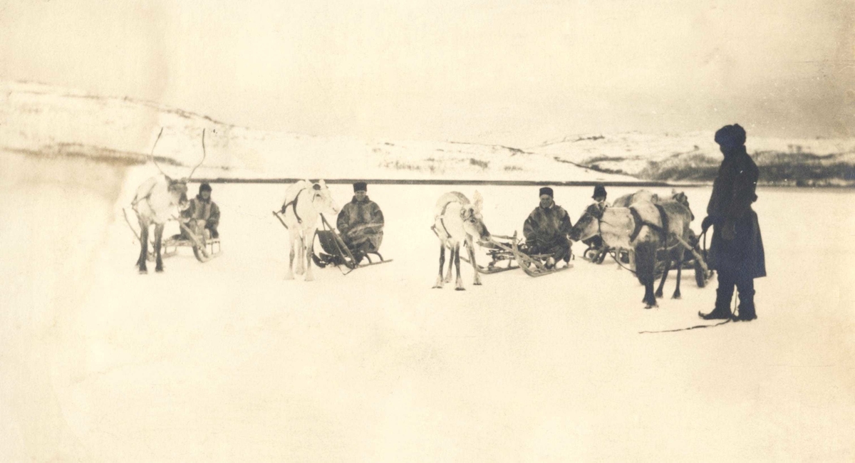 Klar til kjøring med reinsdyrskyss på isen ved Jarfjord 1918. 