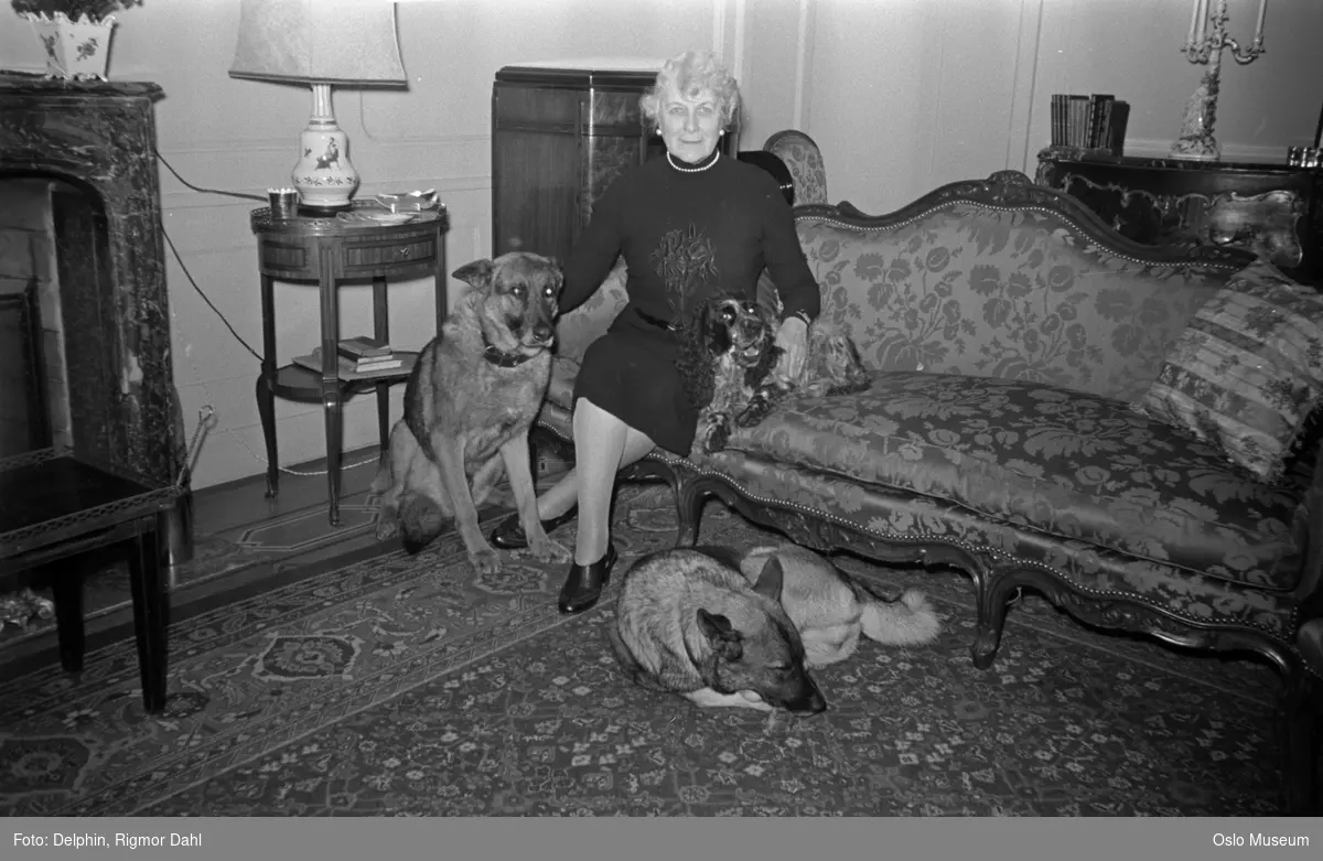 portrett, kvinne, USAs minister i Norge fra 1937 til 1940, sittende helfigur, hunder, stue