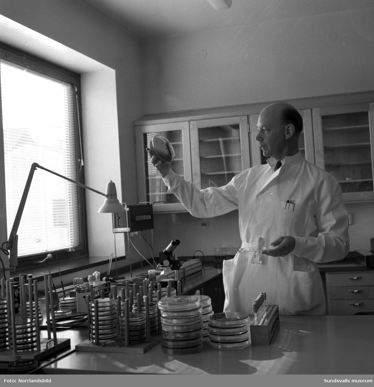 Pressvisning av baktereologiska laboratoriet vid Sundsvalls lasarett. Exteriörbild samt bilder med personal från verksamheten.