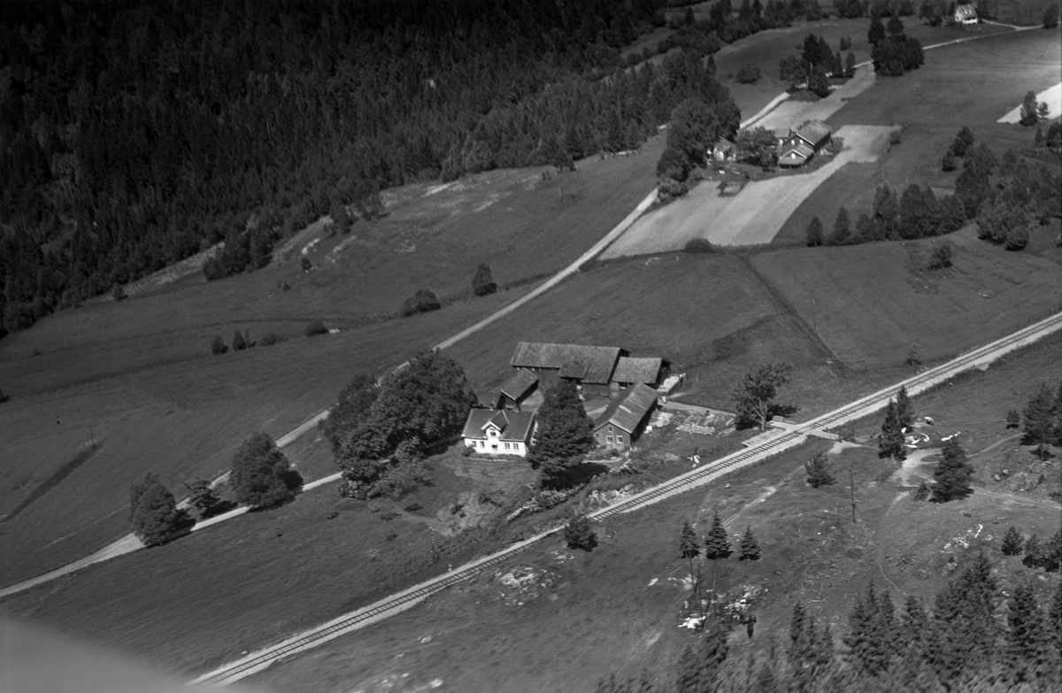 Flyfotoarkiv fra Fjellanger Widerøe AS, fra Porsgrunn Kommune.  Holtet gård, Gnr. 8 Bnr. 1, Bjørkedalen, Eidanger . Fotografert av Vilhelm Skappel, 14.06.1953.