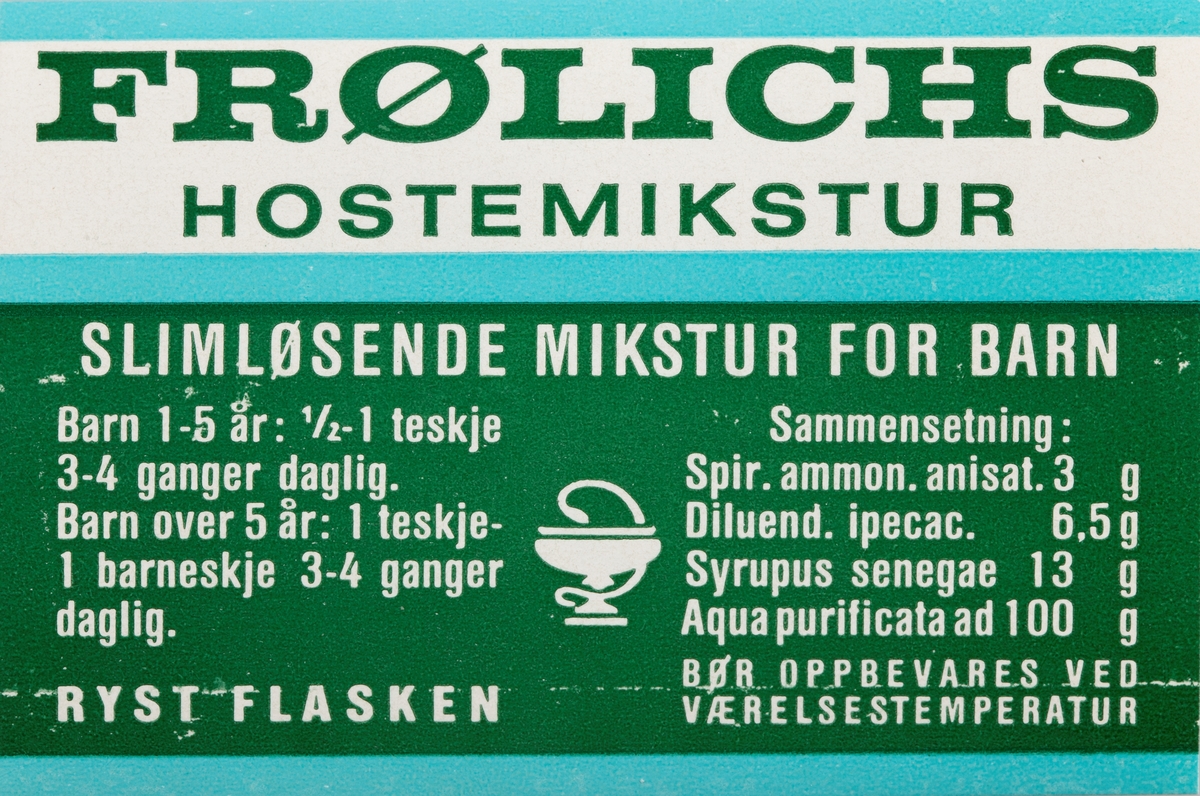 Etikett til preparat til innvortes bruk. Dekorert med emblemet til Norges Apotekerforening. Baksiden av etikettene er forsynt med limflate.