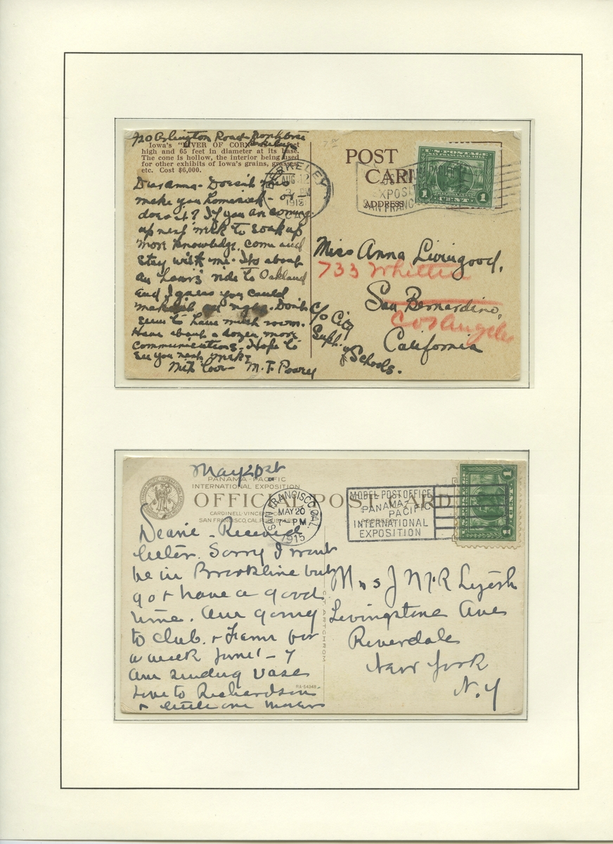 To postkort som begge er frankert med et grønt frimerke med portrett av den spanske oppdagelsesreisende Balboa.