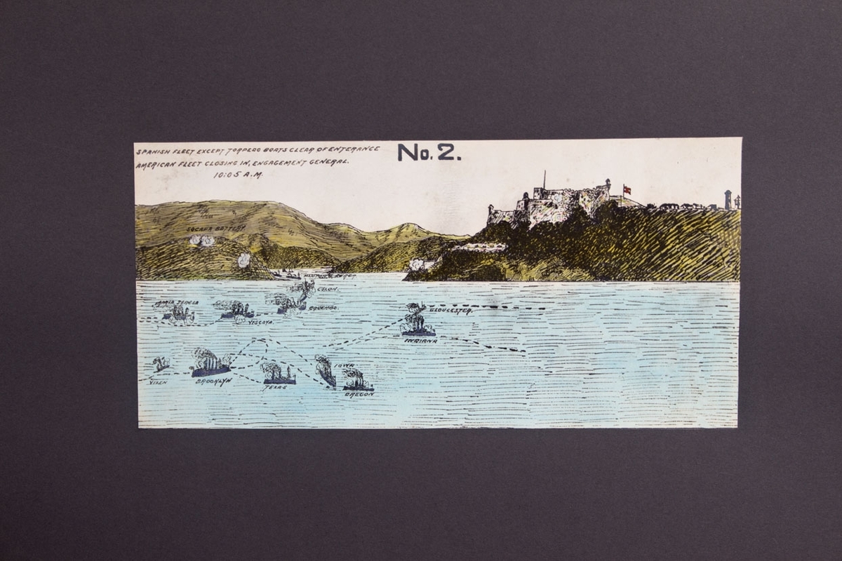 Kopi av håndkolorert skisse som viser sjøslaget ved Santiago de Cuba i 1898 mellom spanske og nordamerikanske sjøstridskrefter.