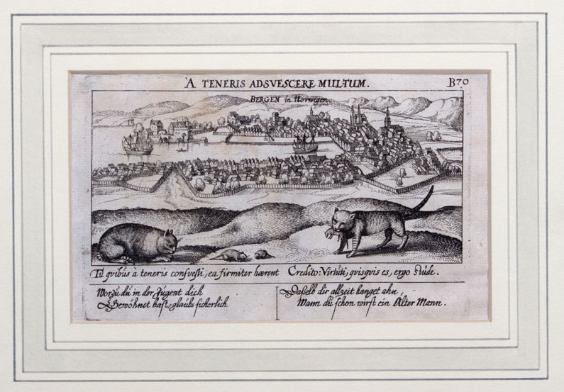 Kobberstikk av BERGEN i Norge fra 1642. Ser byen og Vågen omkranset med fjell samt to katter som leker/fanger rotter.