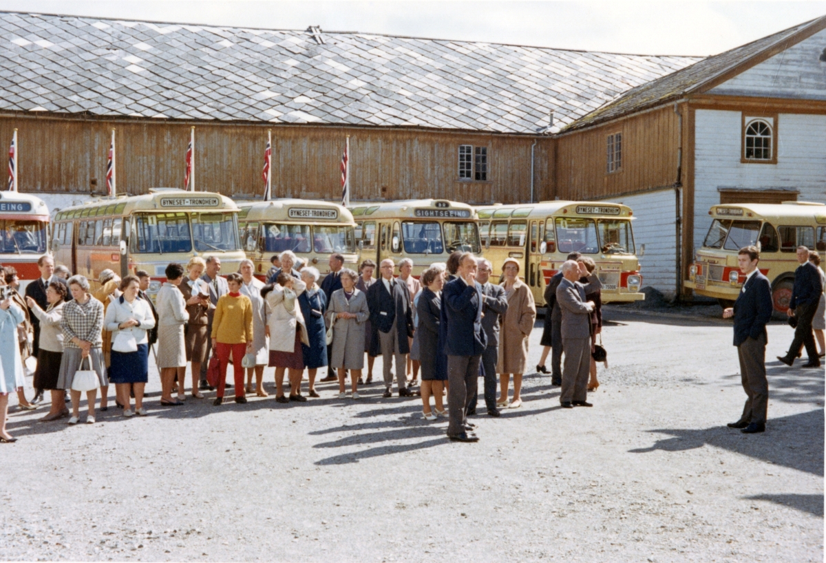 Bilde av turister på besøk til Ringve Museum. Bildet er tatt på tunet.

På bildet ser vi lyse busser fra Bynesruten, men til venstre ser vi en buss i rødt og hvitt som antakelig er fra Klæburuten. Bussene må være fra første halvdel av 1960-tallet. [opplysninger S. Berild]