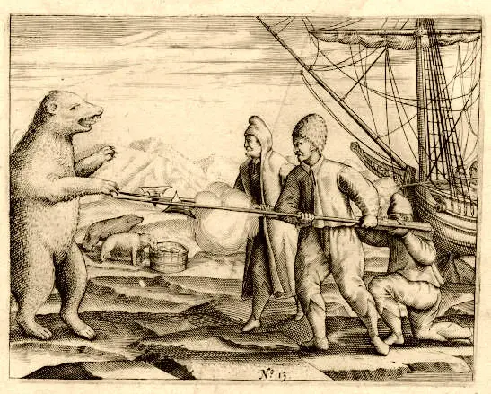 Scene fra Willem Barentsz fortelling fra ekspedisjonen hvor han oppdaget Spitsbergen: En isbjørn nærmer seg Wilhelm Barentz mannskap. (Wikimedia commons ).