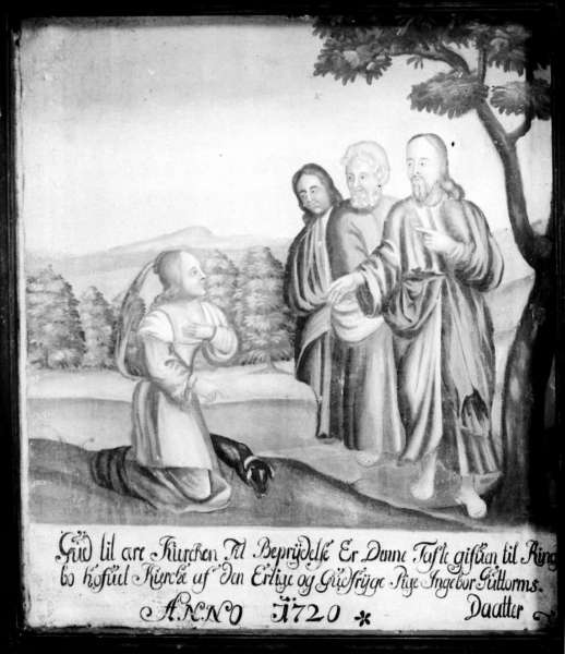 Ringebu stavkirke. Maleri i koret: Knelende jente foran tre eldre personer i frodig landskap.