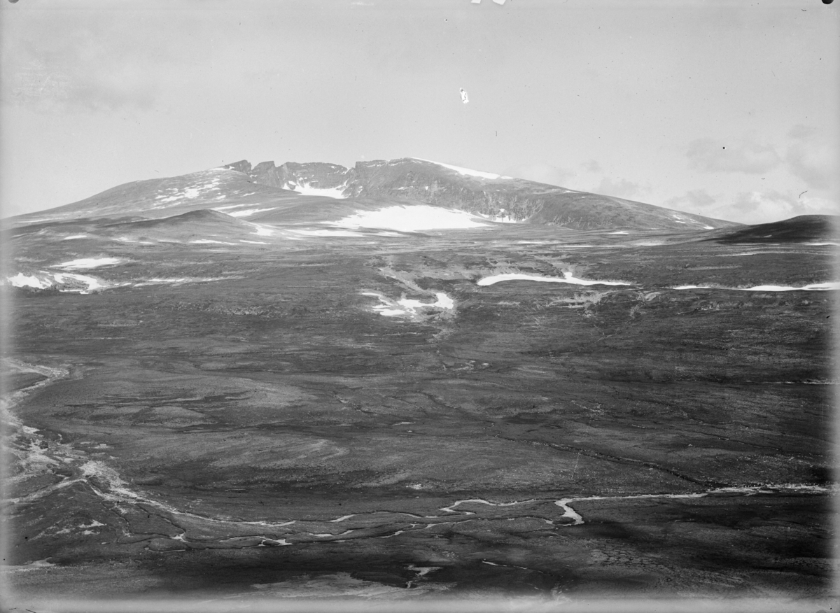 Oversiktsbilde Dovrefjell mot Snøhetta med elva Svone til venstre
