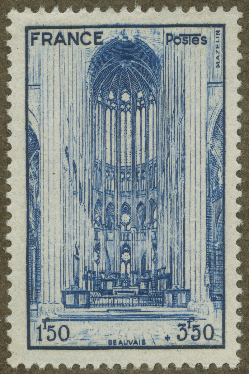 Frimärke ur Gösta Bodmans filatelistiska motivsamling, påbörjad 1950.
Frimärke från Frankrike, 1944. Motiv av katedralen i Beauvais. "Serie: Franska Katedraler".