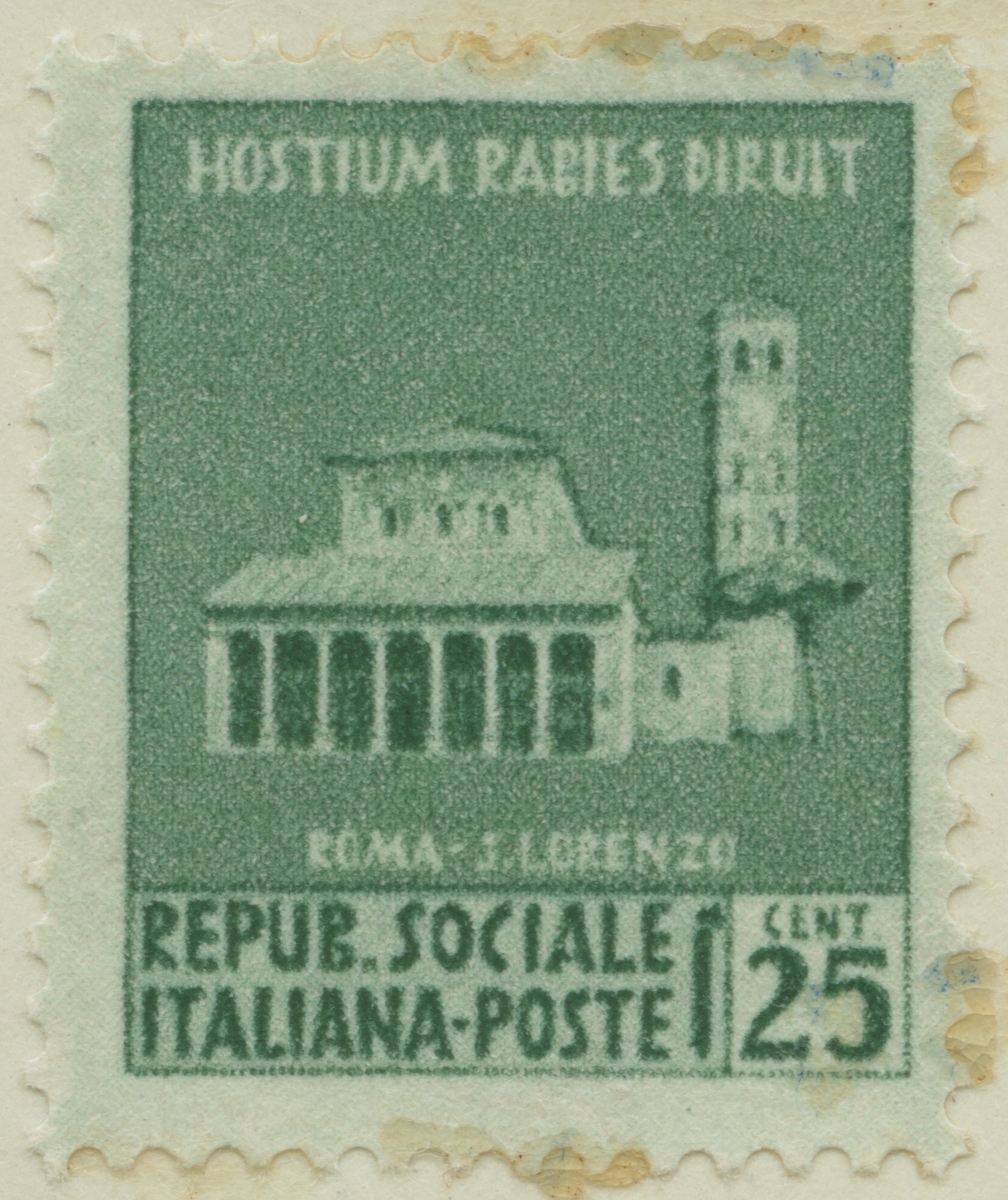 Frimärke ur Gösta Bodmans filatelistiska motivsamling, påbörjad 1950.
Frimärke från Italien, 1944. Motiv av Basilikan San Lorente i Rom.