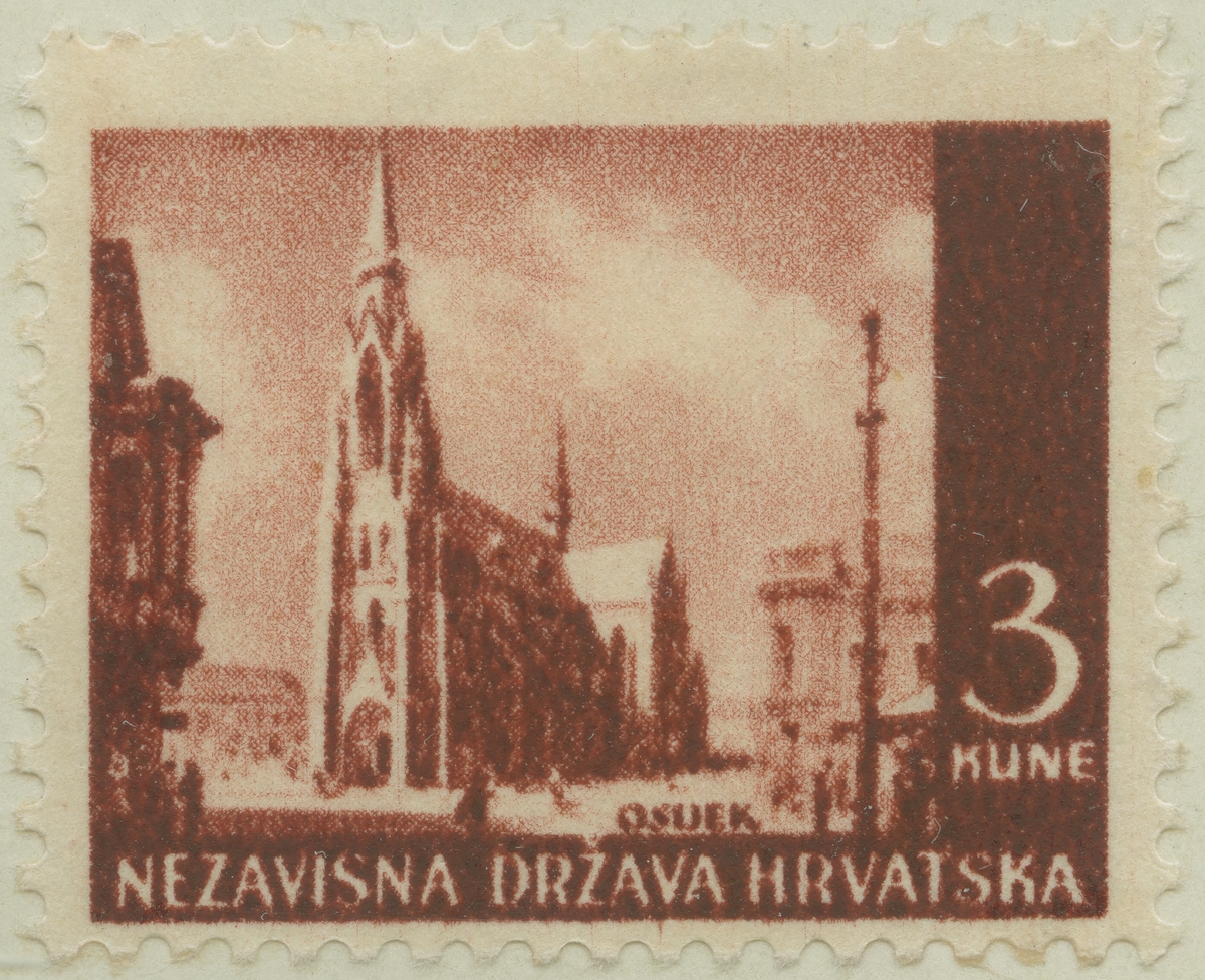 Frimärke ur Gösta Bodmans filatelistiska motivsamling, påbörjad 1950.
Frimärke från Kroatien, 1941. Motiv av katedralen i Osjek.