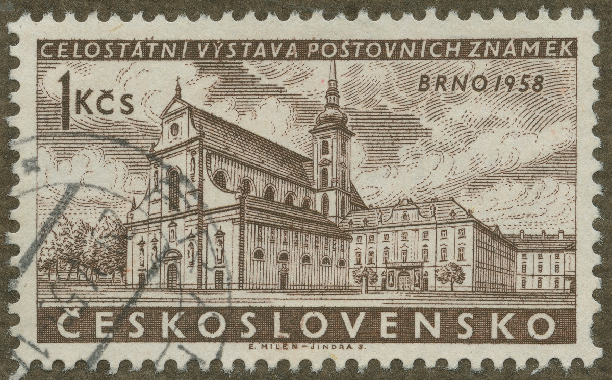 Frimärke ur Gösta Bodmans filatelistiska motivsamling, påbörjad 1950.
Frimärke från Tjeckoslovakien, 1958. Motiv av kyrka i Brno.