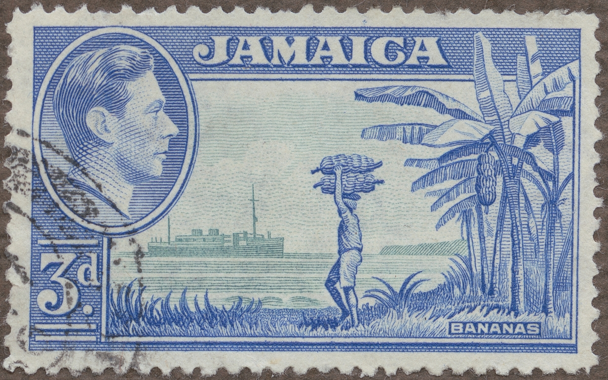 Frimärke ur Gösta Bodmans filatelistiska motivsamling, påbörjad 1950.
Frimärke från Jamaica, 1938. Motiv av bananplanta. Kung George VI.
