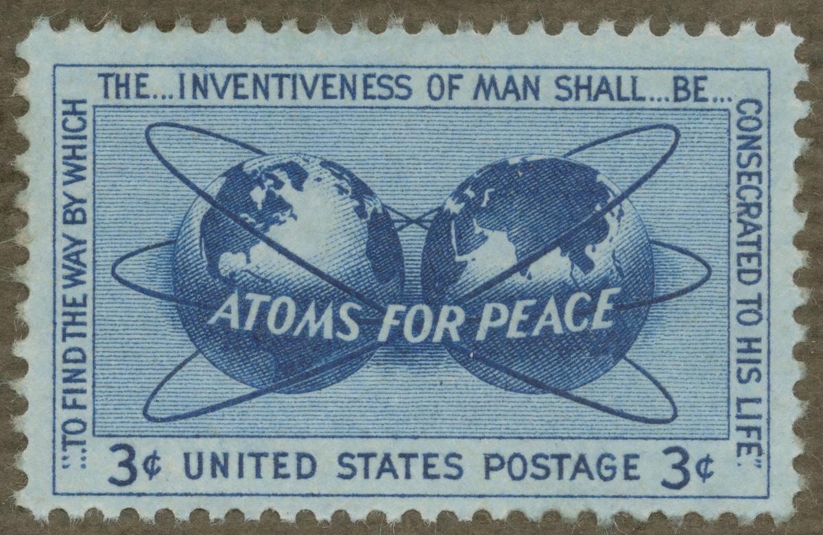 Frimärke ur Gösta Bodmans filatelistiska motivsamling, påbörjad 1950.
Frimärke från USA, 1955. Motiv av två jordglober omkretsade av elektronbanor. "Atoms for peace".