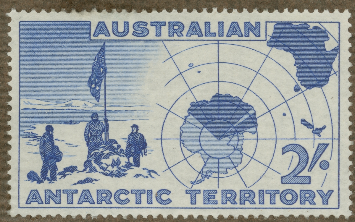 Frimärke ur Gösta Bodmans filatelistiska motivsamling, påbörjad 1950.
Frimärke från Australien, 1957. Motiv av karta över Australiens Antarctica Territorium. "Australienska polarupptäcktsresenärer".