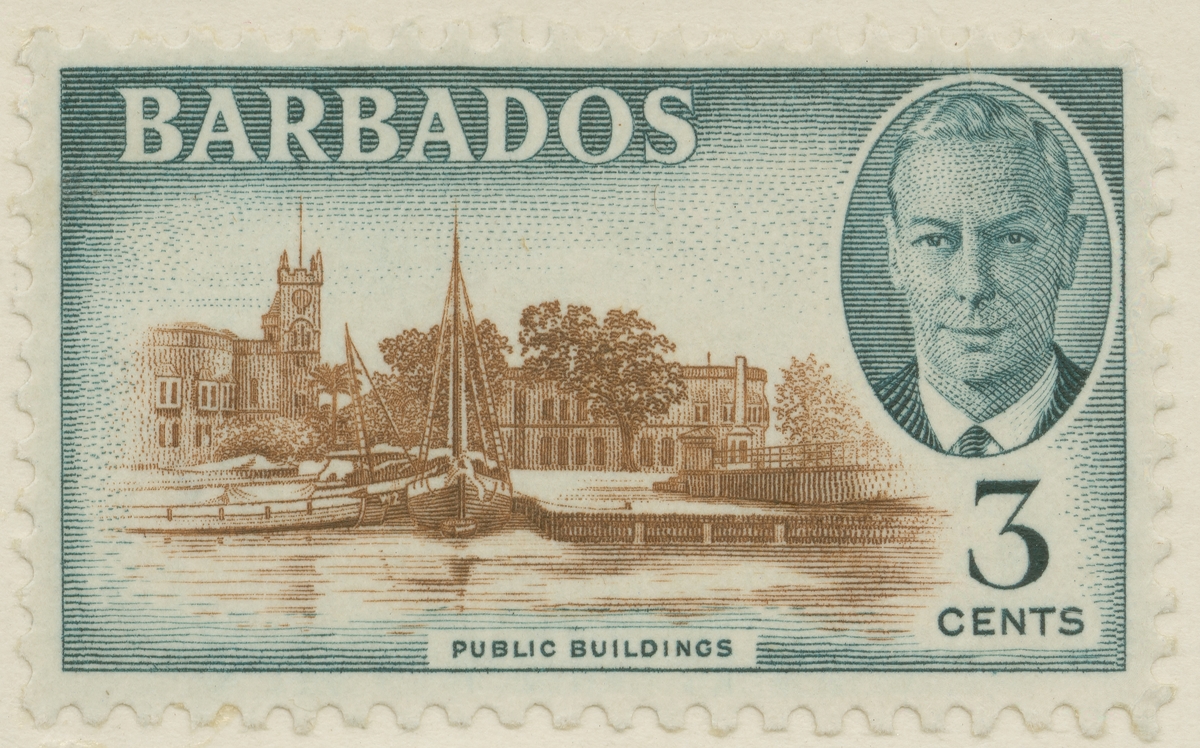 Frimärke ur Gösta Bodmans filatelistiska motivsamling, påbörjad 1950.
Frimärke från Barbados, 1951. Motiv av Universitetsbyggnader på Barbados.