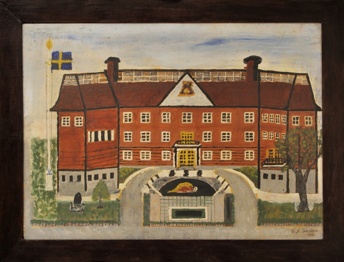 Målning föreställande dåvarande Gävle museum, sedan 1978 Länsmuseet Gävleborg. Konstnären kallade sig Hofmålaren, och förutom att måla var han positivhalare i Gävle.