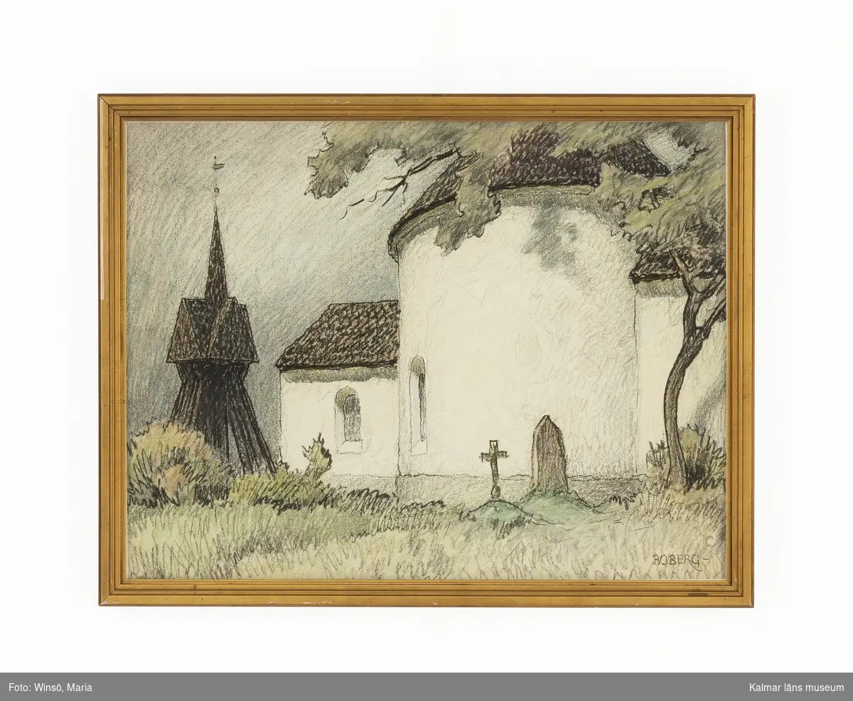 Motivet föreställer Hagby kyrka i Hagby socken i färgerna grått, blått, grönt, brunt och vitt.