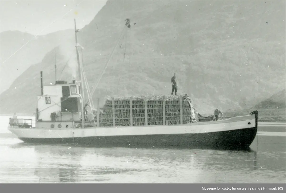 "Saltdalen" med tørrfisklast. Båten hentet fisk i hele Finnmark og leverte den sørover. 1960/70-tallet.