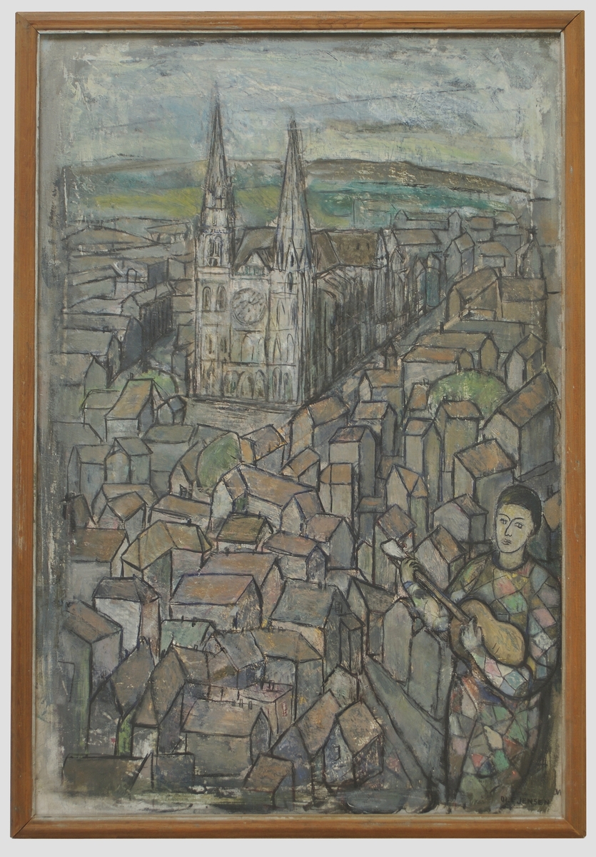 Vy över staden Chartres i Frankrike med konstnärens självporträtt som Harlekin.