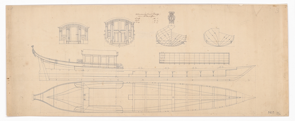 Engelsk "Admiralty Barge" med åtta årpar. Profil- och linjeritning, spant, däcksplan.