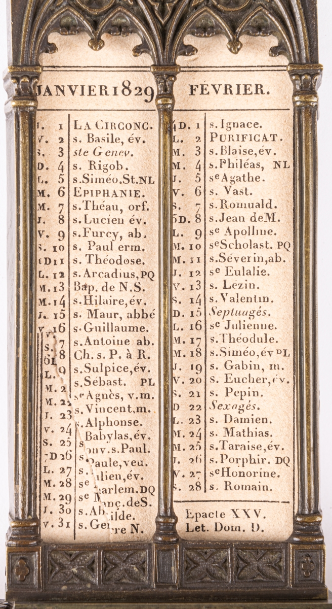 Acc.Almanacka av gjutet järn, monterad på gul marmorplatta, 1829.

Lappkort. Datumtavla, almanacka på bronsplatta fästad på gul marmorplatta. Från 1829.
Fransk?