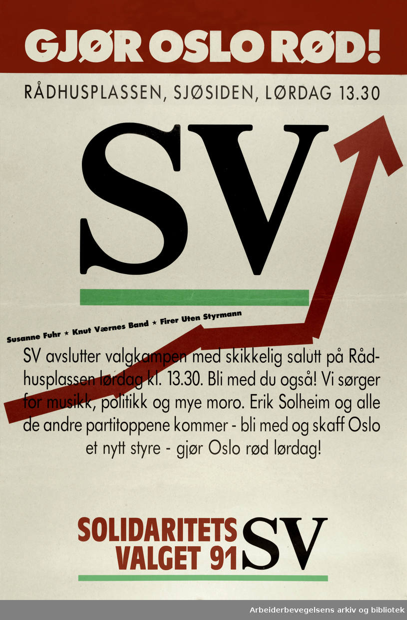 Plakat SV: Gør Oslo Rød. Format: 64x44 cm. Solidaritetsvalget 1991. ( Kommune og fylkestingsvalg)