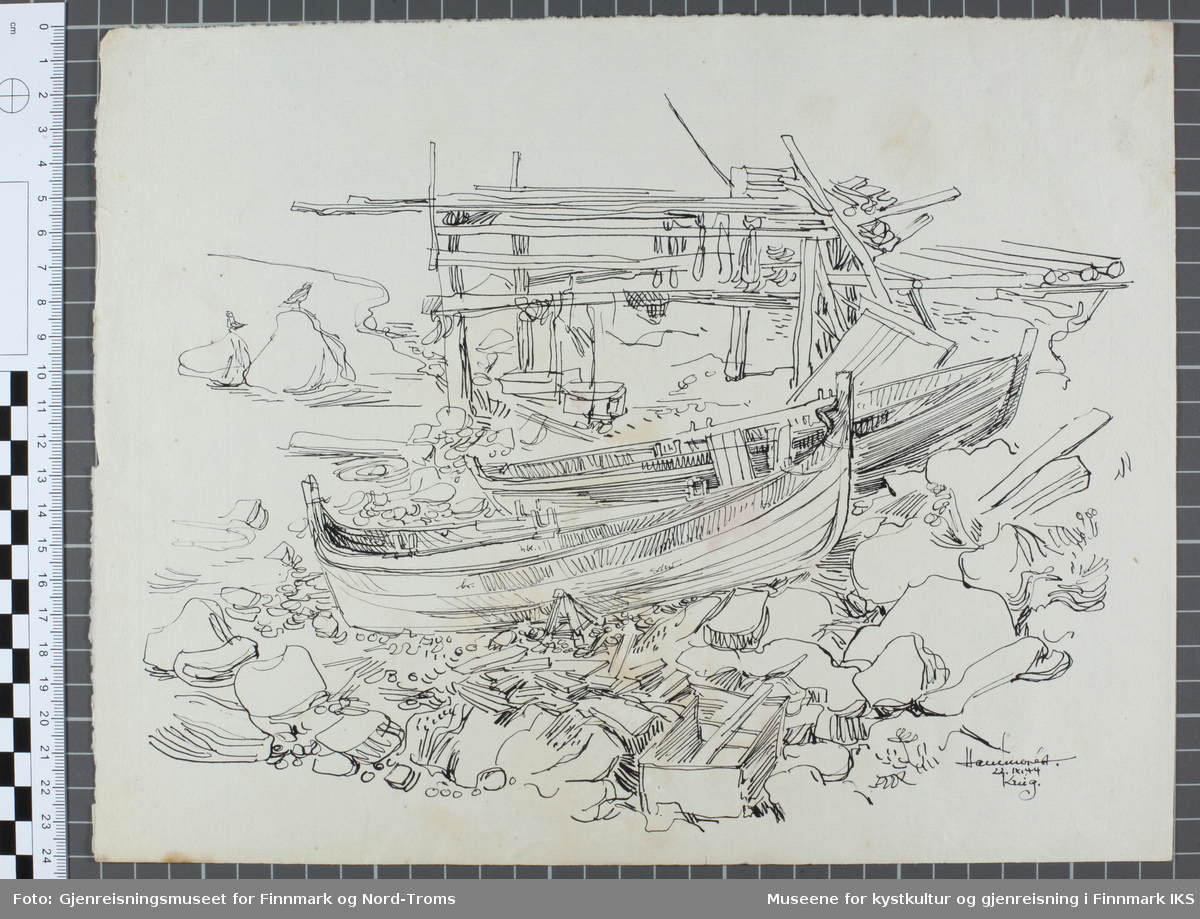 Tegninger av robåter og hjell i fjæra i Hammerfest.
