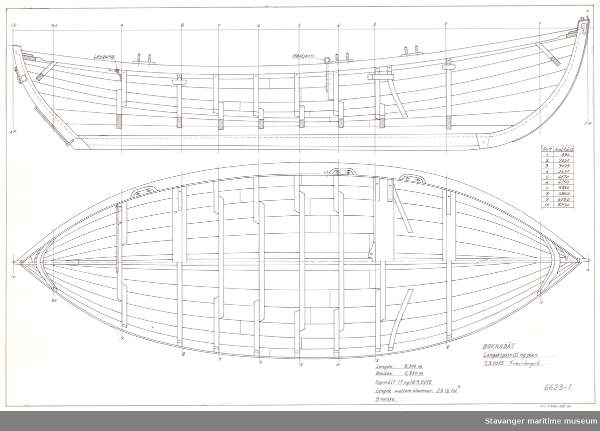 Oppmålingstegning av bruksbåt på folie, tegnet med penn. Langskipssnitt og plan.