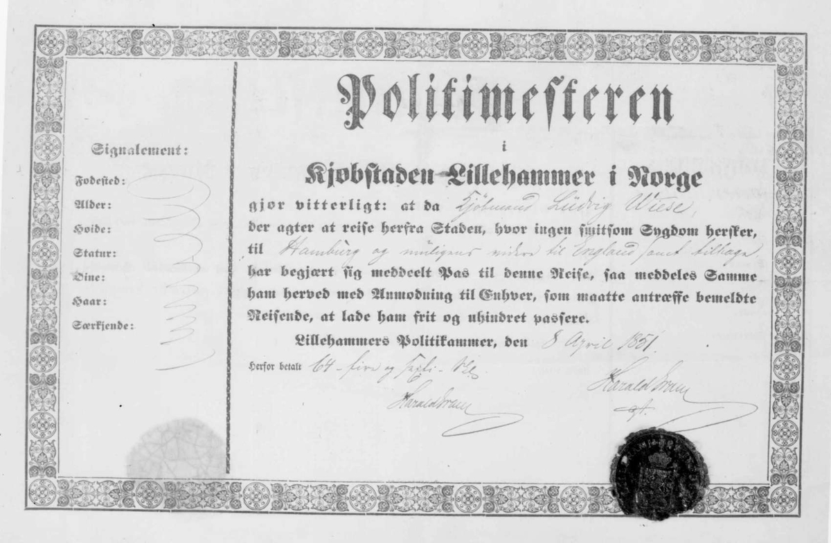 Repro: Foto av håndskrevet pass for kjøpmann Ludvig Wiese, datert 8. April 1851. Se også SS-SF-356.