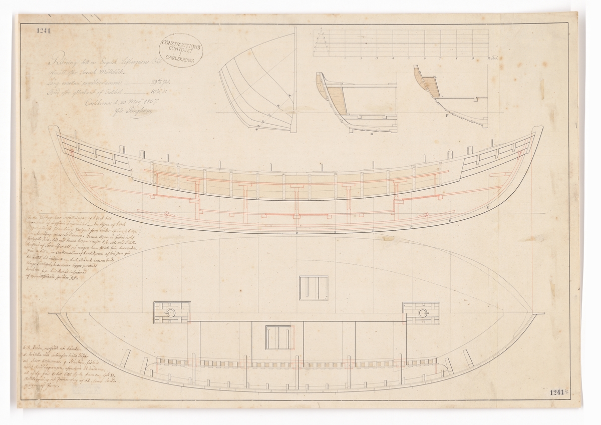 Engelsk livbåt. Konstruktionsritning i plan, profil och sektioner, spantruta.