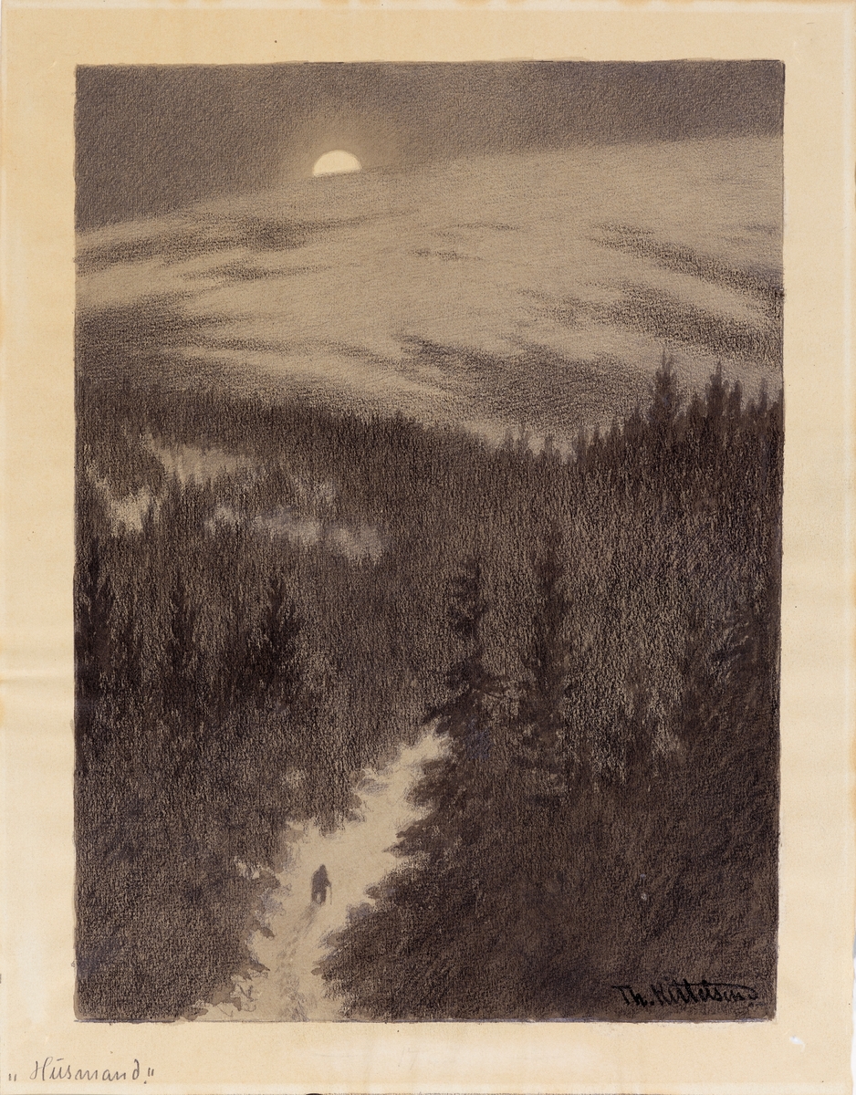 Landskap med skog i måneskinn,  vei med en skikkelse midt i bildet.