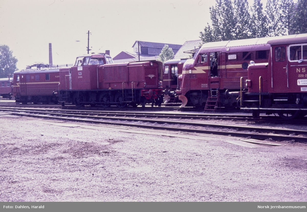 Diesellokomotiver type Di 2 og Di 3, elektriske lokomotiver type El 11 og El 14 samt skiftetraktor Skd 220 utenfor lokomotivstallen på Hamar stasjon