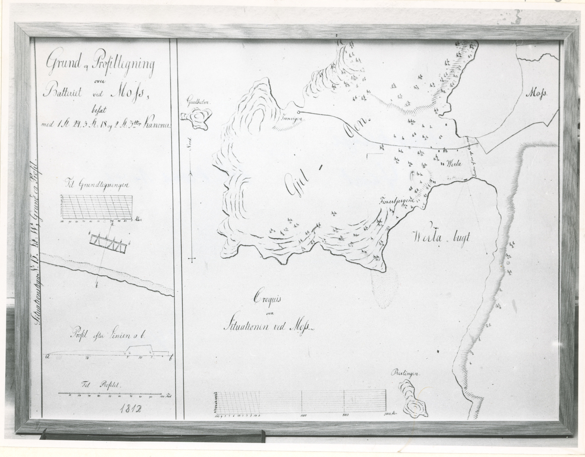 Fotokopi av grunntegning over festningsbatteriet ved Moss. Moss hadde enkelte militære batterier strategisk plassert rundt i området. Kanonstillinger.