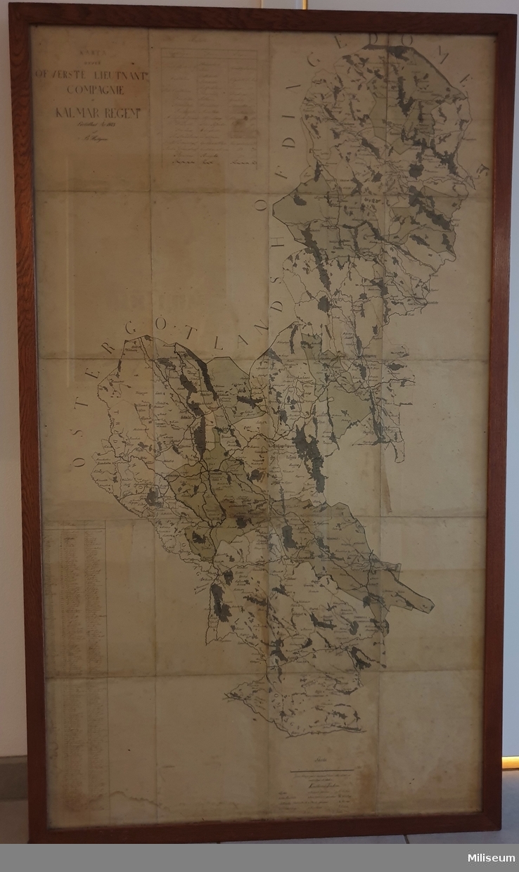 Karta, handritad av Bengt Hallgren, visande Överstelöjtnantens Compagnie, Kalmar Regemente, I 21. Med förteckning över såväl boställen som soldattorp. Inramad bakom glas i mörk träram.