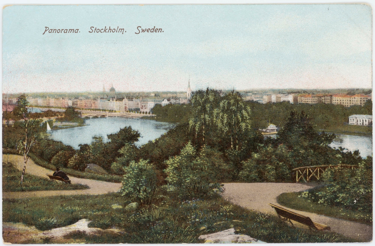 Vykort med motiv från Skansen. "Panorama. Stockholm. Sweden." Vy från Skansen mot Djurgårdskanalen, Djurgårdsbron och Östermalm.