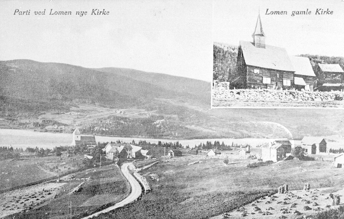 Postkort med motiv fra Lomen Stavkyrkje og den nye .
