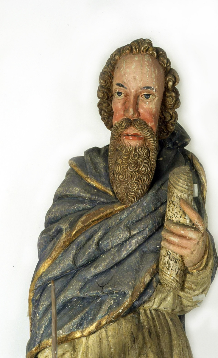 Träskulptur föreställande aposteln Paulus i Brahekyrkan på Visingsö, Jönköpings kommun.