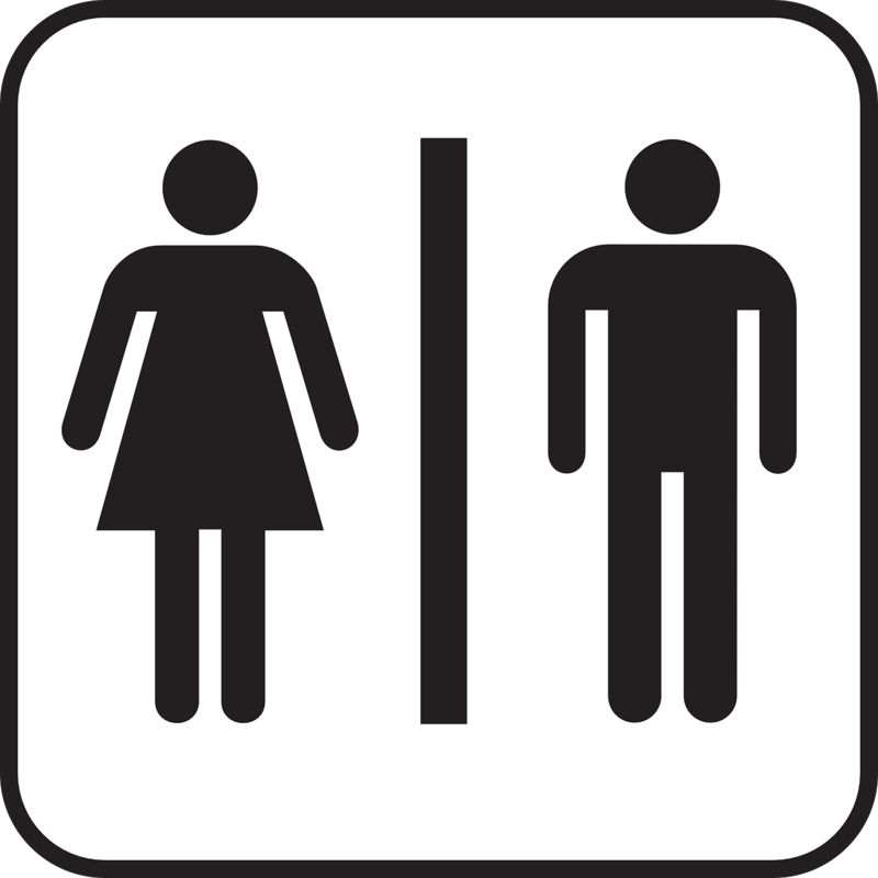 Toalettskilt; hvit bakgrunn og symbol for dame og mann i svart, atskilt med en svart strek (Foto/Photo)