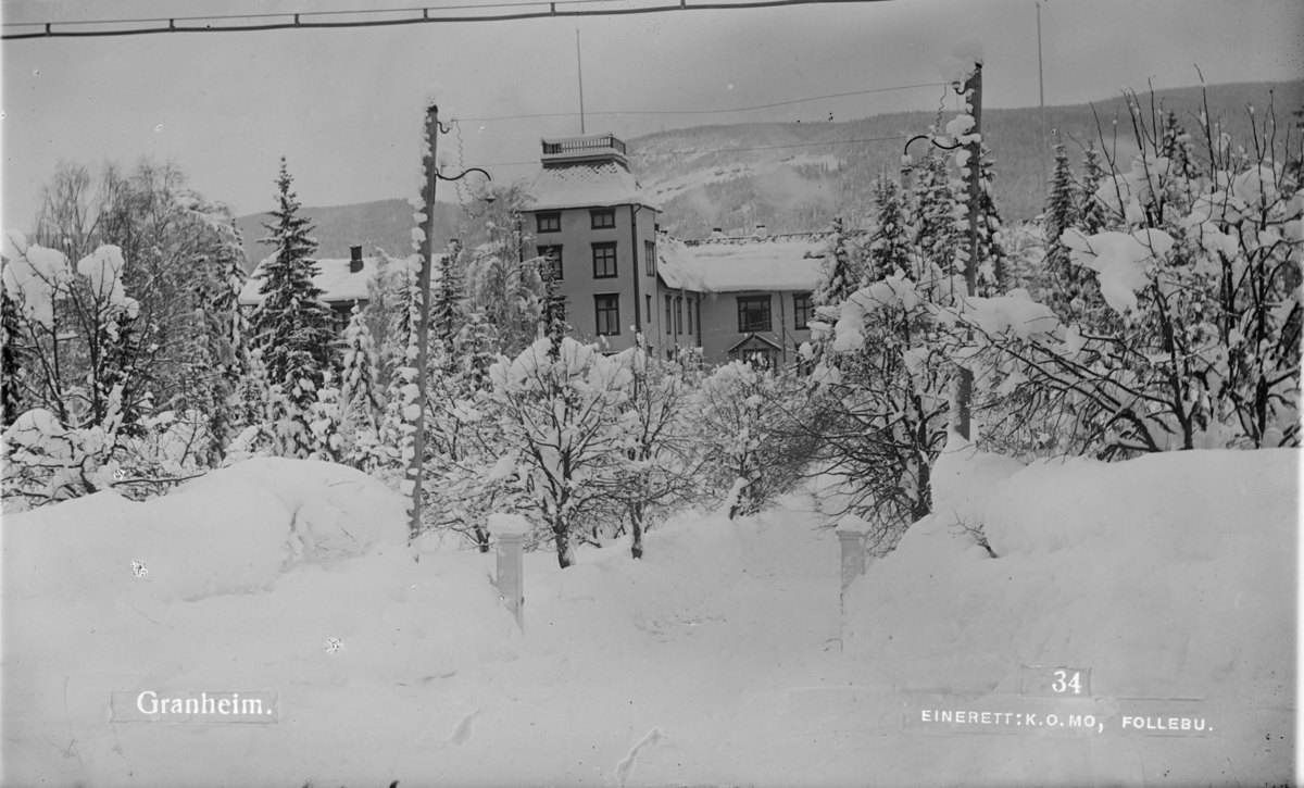 Østre Gausdal, Follebu. Prospektkort: Granheim sanatorium om vinteren med snødekte trær