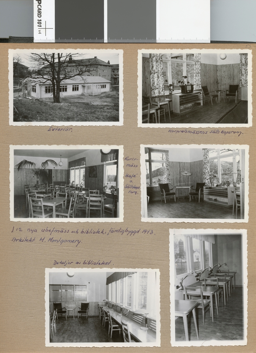 Text i fotoalbum: "I 12 nya ubefälmäss och bibliotek, fådigbyggd 1943. Arkitekt M. Montgomery. Korpralsmässens sällskapsrum".