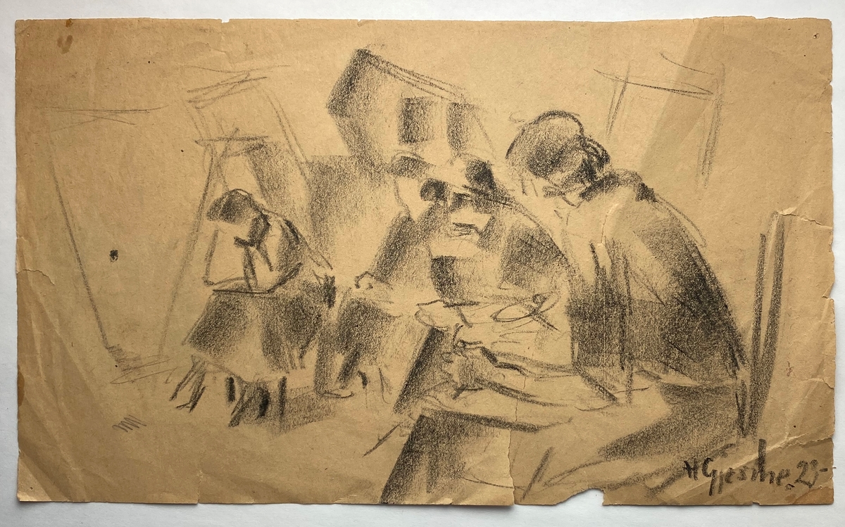 Tosidig skisse: Fire kvinner teikner med teikneblokk på fanget. Verso: ein liten landskapsskisse med tre og hus og 2 påskrifter.