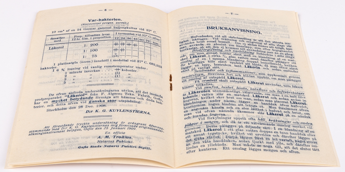Tryckt bruksanvisning från 1909 för Läkerols flytande antiseptiska medel och Läkerins hud- och sårmedel.