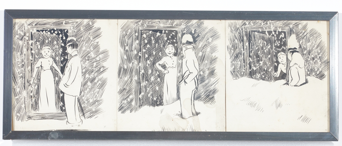 Skämtteckning i tre delar, visande kvinna som samtalar med en man under snöoväder.