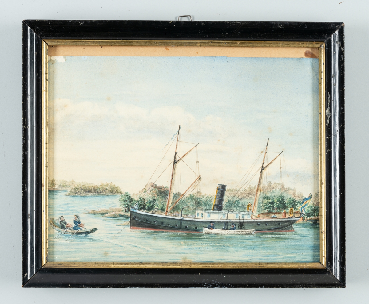 Denna akvarell visar sjömätningsfartyget Falken till ankars i en skärgårdsmiljö.