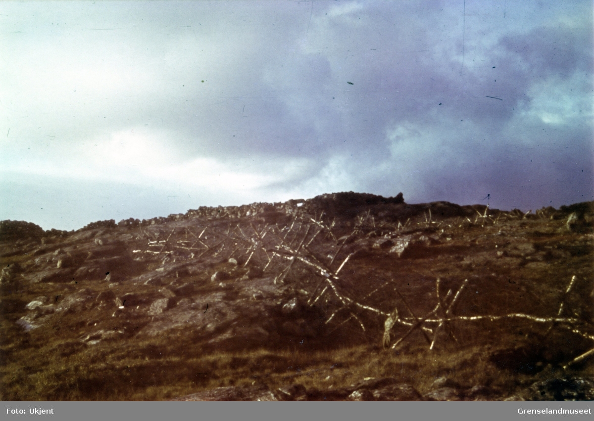 Fiskerhalsfronten eller Litzafronten. Juli 1941 - oktober 1944. Spanske ryttere med piggtråd satt opp som sperre. Steingjerde med skyteskår går i flukt med himmelen gjennom det meste av bildet. 