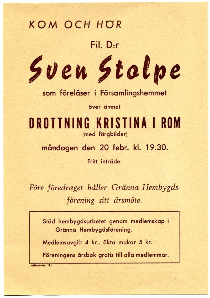 A4-ark med reklam för föreläsning av Sven Stolpe under rubriken "Drottning Kristina i Rom", som ges i Församlingshemmet måndag den 20 feb 1933.