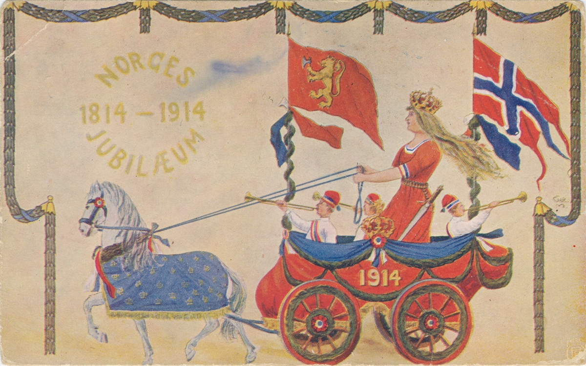 Poskortmotiv fra Norges hundreårsjubileum med "Mor Norge" som styrer en hest med vogn