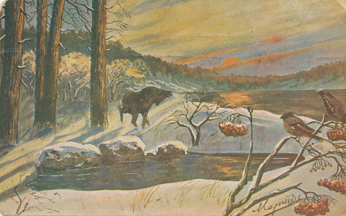 Postkort av et maleri med vintermotiv.