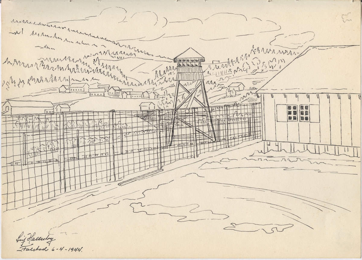 Tegning fra Falstad fangeleir, "Utsikten mot sørøst". Utsikt fra leirens hovedbygning, med Sør-By og Bakken i bakgrunnen. Til høyre i bildet ligger fangebrakke 2, og like på utsid av gjerdet det ene vakttårnet. Tegninga er datert 06.04.1944.